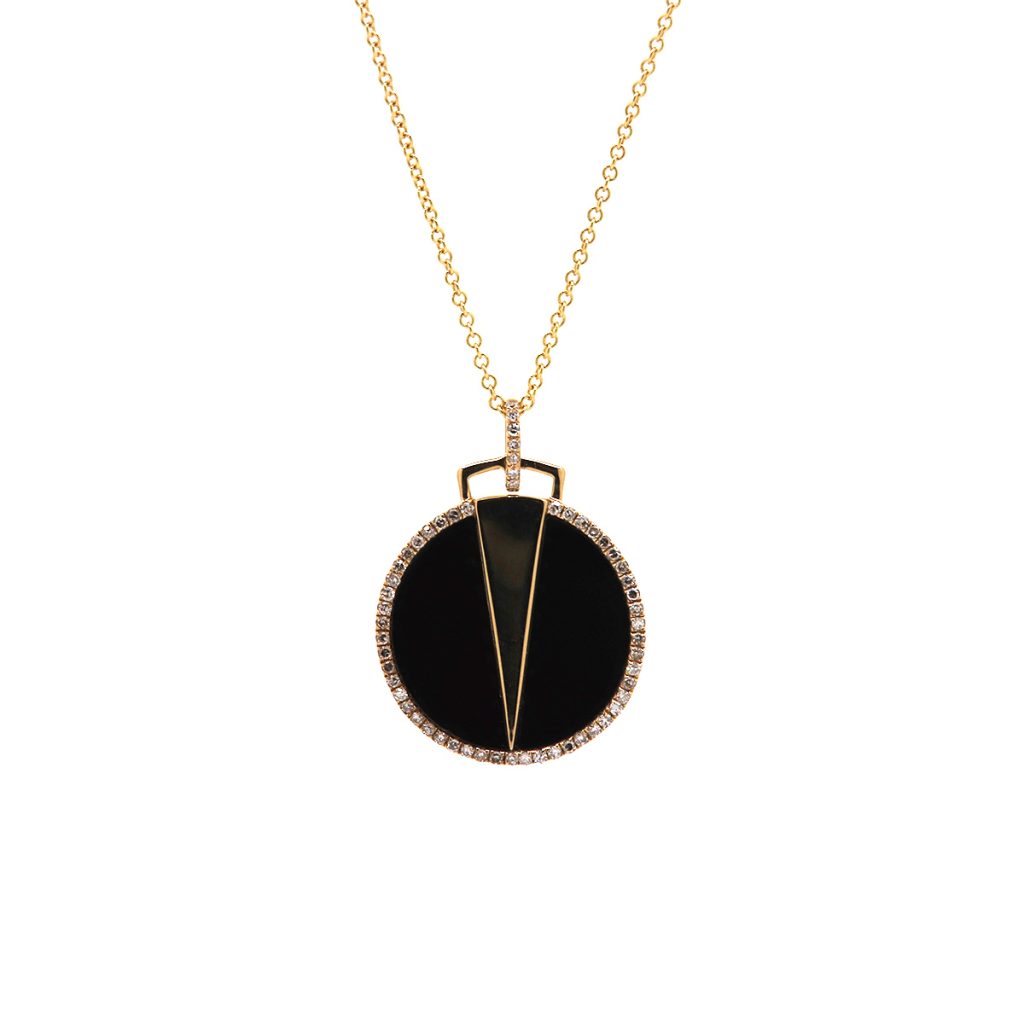 14K Yellow Gold Onyx and Diamond Circle Pendant with Chain
