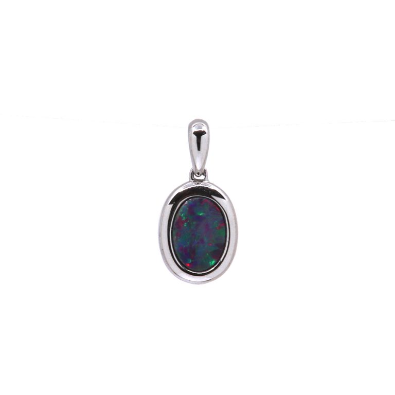 14K White Gold Small Oval Opal Doublet Pendant
