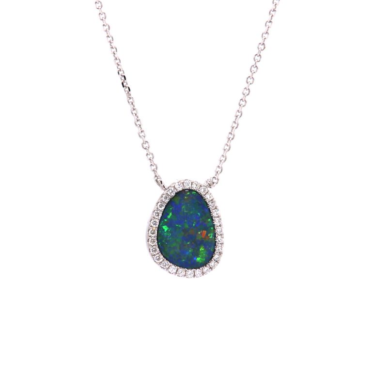 14K White Gold Opal Doublet and Diamond Necklace