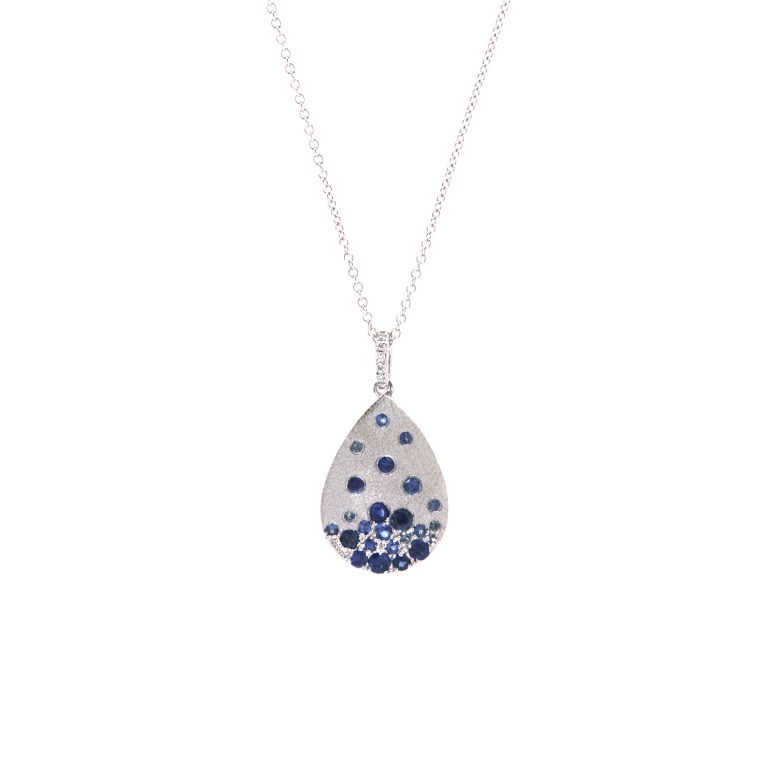 14K White Gold Blue Sapphire and Diamond Pendant with Chain
