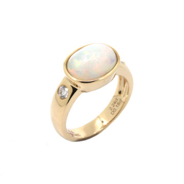 14K Yellow Gold Oval Opal and Diamond Ring