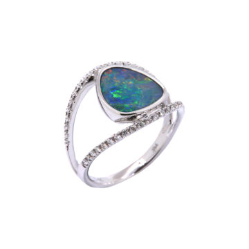 14K White Gold Opal Doublet and Diamond Ring