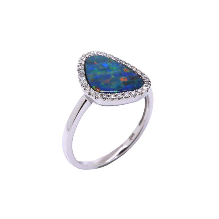 14K White Gold Opal Doublet and Diamond Ring
