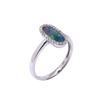 14K White Gold Opal Doublet and Diamond Ring