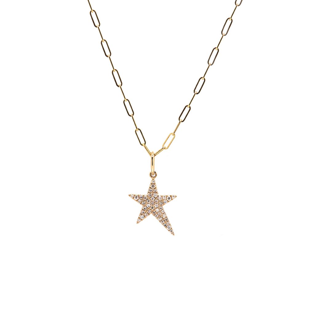 14K Yellow Gold Diamond Star Pendant with Paperclip Chain