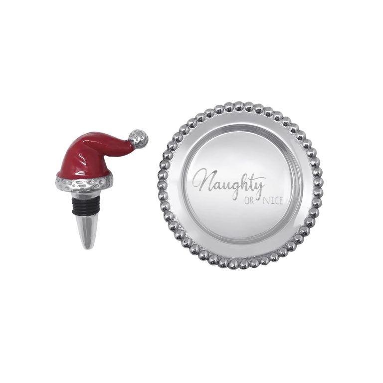 Mariposa - Red Santa Hat Bottle Stopper & "Naughty or Nice" Beaded Wine Plate