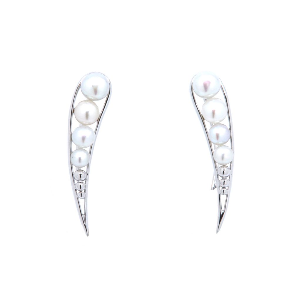 Sterling Silver Curved and Elongated Tear-Drop Button Pearl Earrings