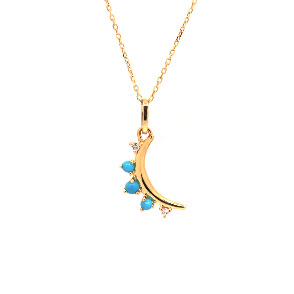 18K Yellow Gold Turquoise and Diamond Moon Pendant with Chain