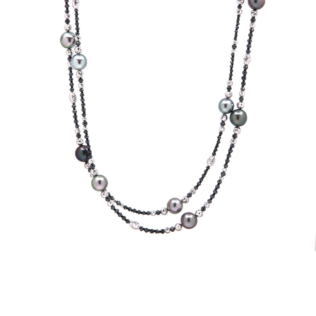 18K White Gold Tahitian Pearl and Black Diamond Necklace