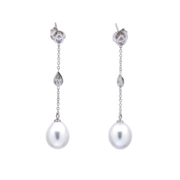 14K White Gold South Sea Pearl and Diamond Dangle Earrings
