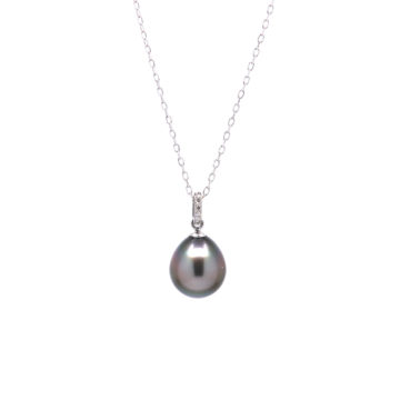 14K White Gold Tahitian Pearl and Diamond Pendant with Chain
