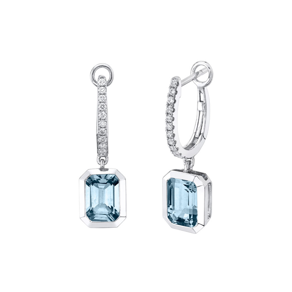 14K White Gold Emerald-Cut Aquamarine and Diamond Earrings
