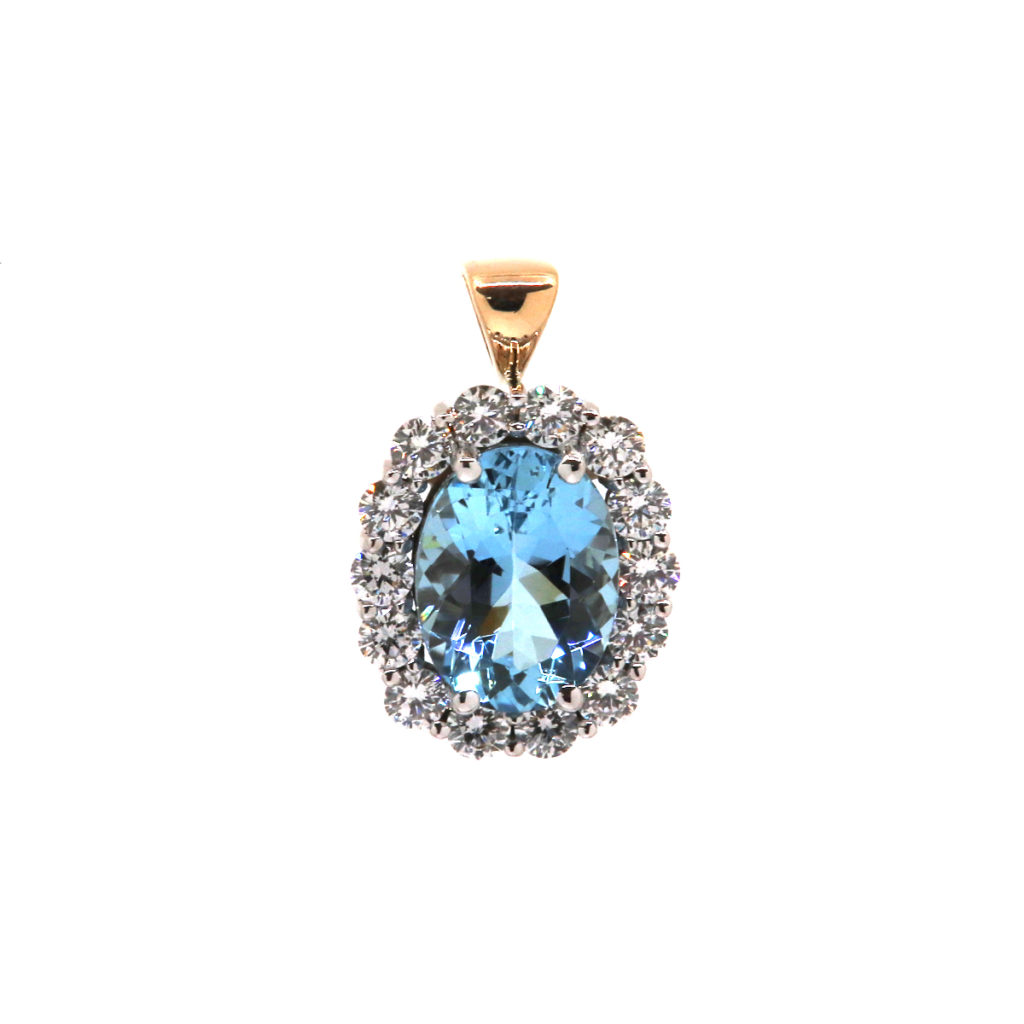 14K Two-Tone Oval Aquamarine and Diamond Halo Pendant