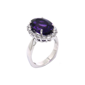 14K White Gold Oval Amethyst and Diamond Halo Ring
