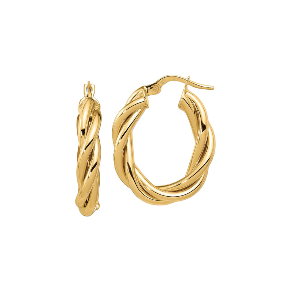 14K Yellow Gold Twisted Oval Hoop Earrings