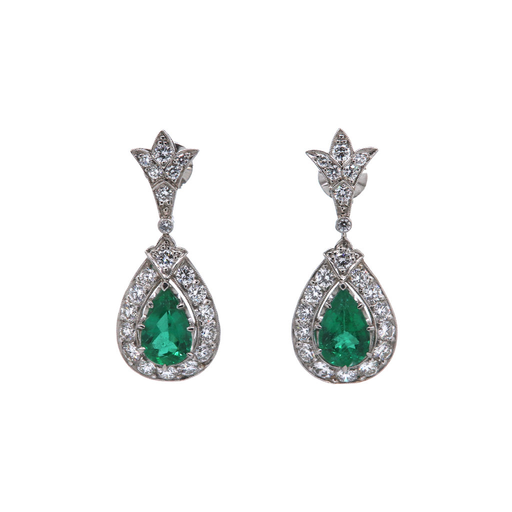 Estate Platinum Pear Emeralds and Diamond Earrings