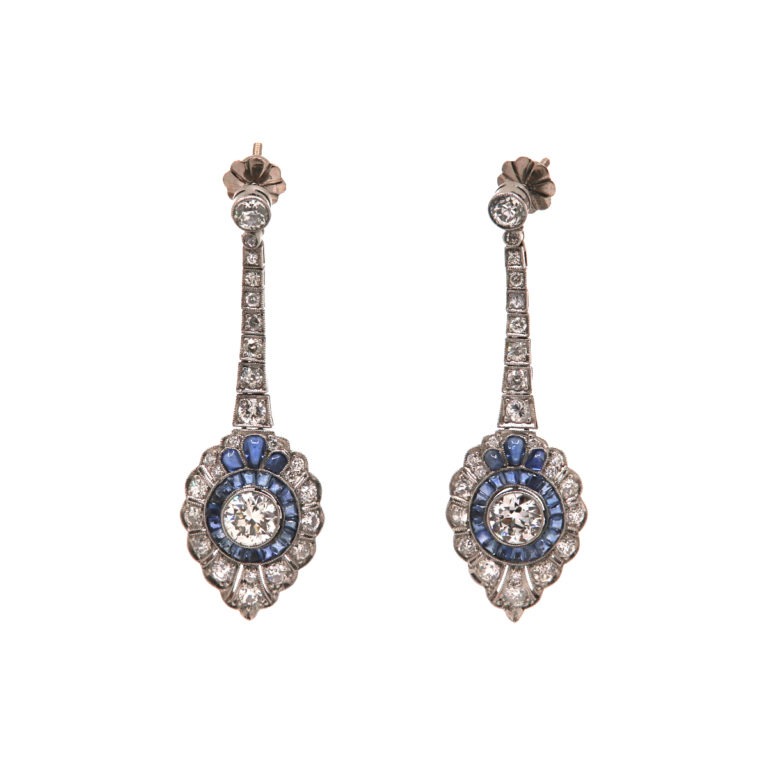 Estate Platinum Blue Sapphire and Diamond Drop Earrings