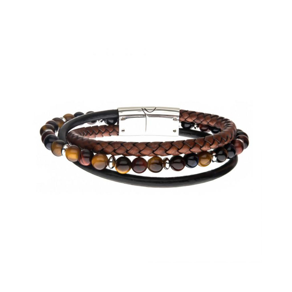 Stainless Steel and Leather Tiger Eye Bead Bracelet