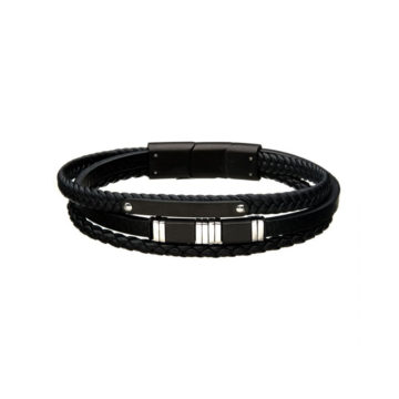Stainless Steel and Black Leather Bar Bracelet