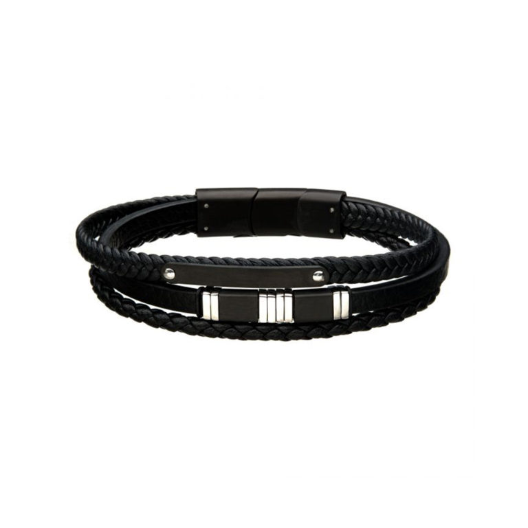 Stainless Steel and Black Leather Bar Bracelet