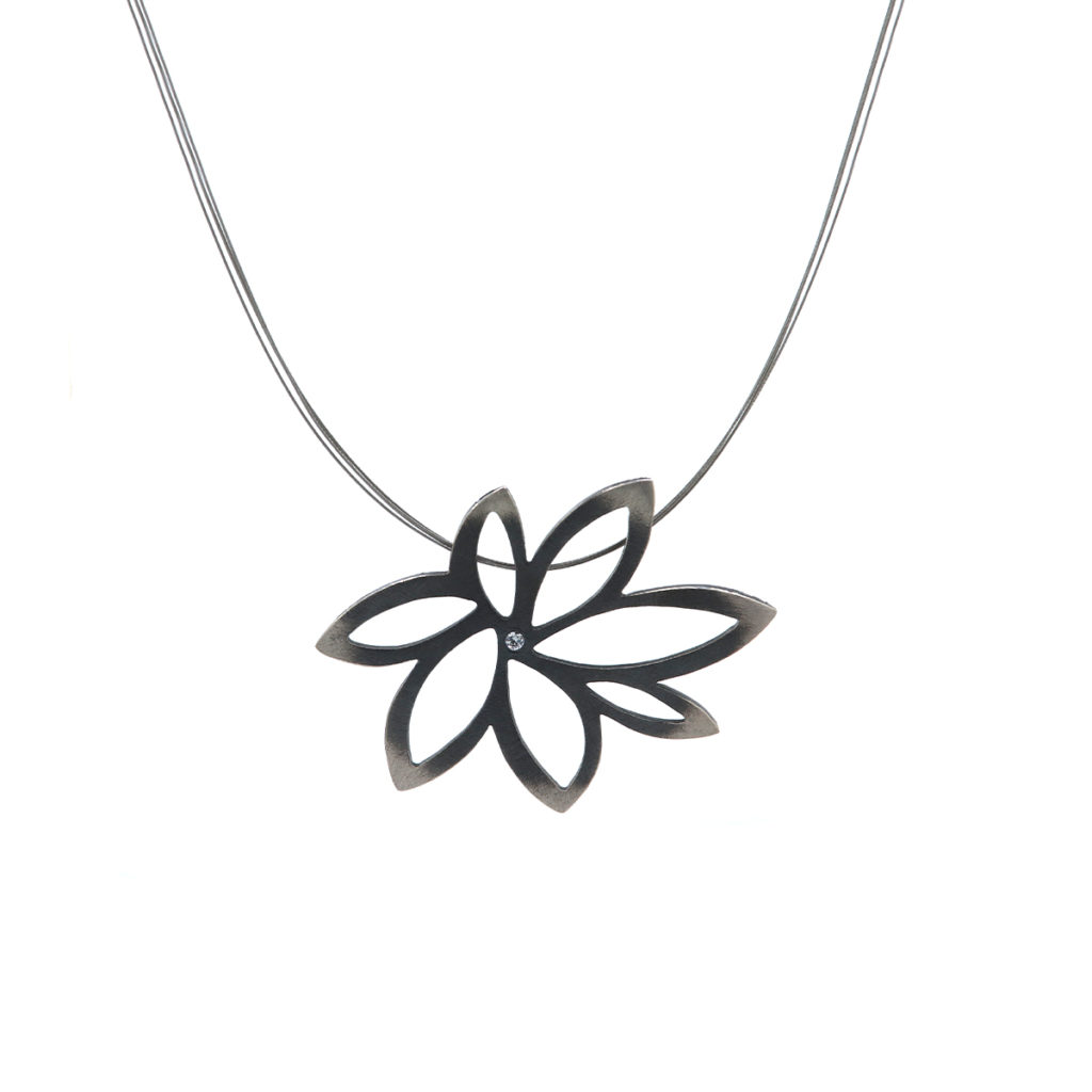 Sterling Silver and Stainless Steel Black Flower Cubic Zirconia Necklace
