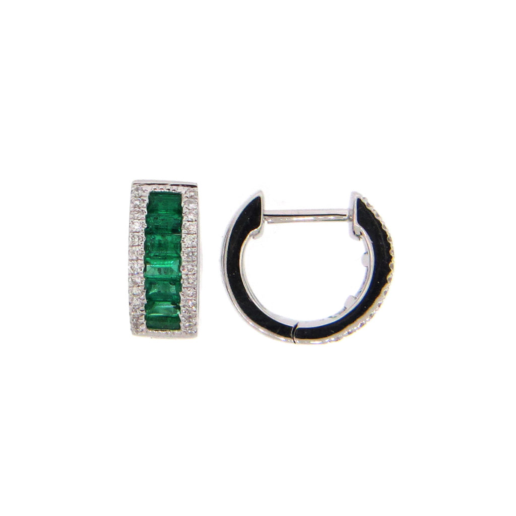 14K White Gold Emerald and Diamond Hoop Earrings