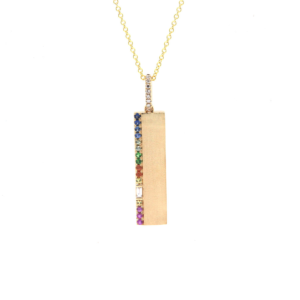 14K Yellow Gold Rainbow Sapphire and Diamond Bar Pendant with Chain