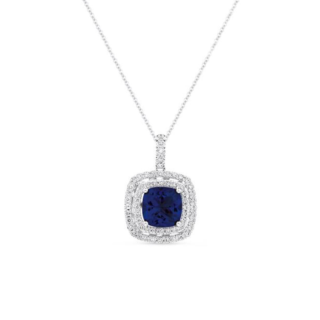 14K White Gold Blue Topaz and Diamond Pendant with Chain