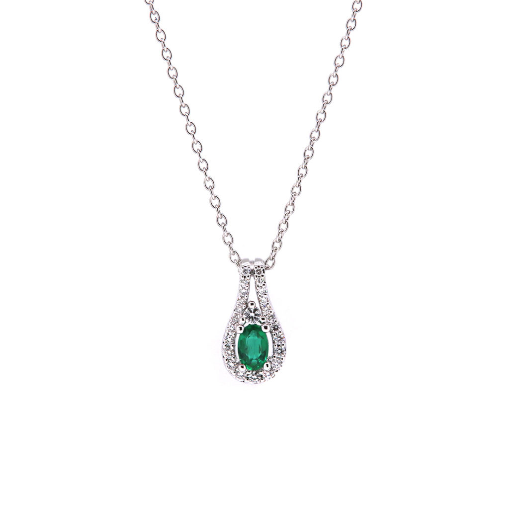 14K White Gold Emerald and Diamond Pendant with Chain