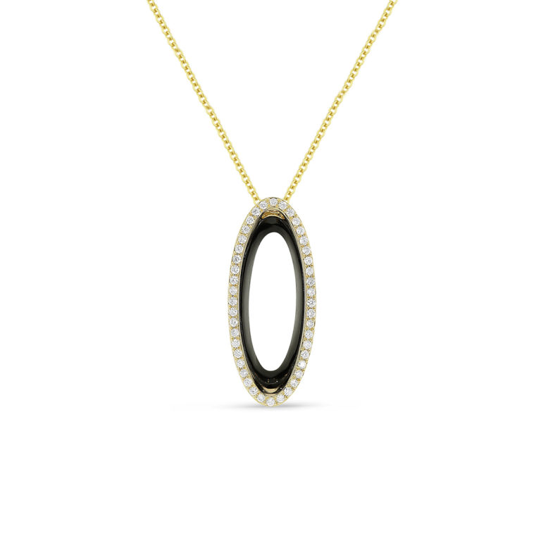 14K Yellow Gold Onyx and Diamond Pendant with Chain