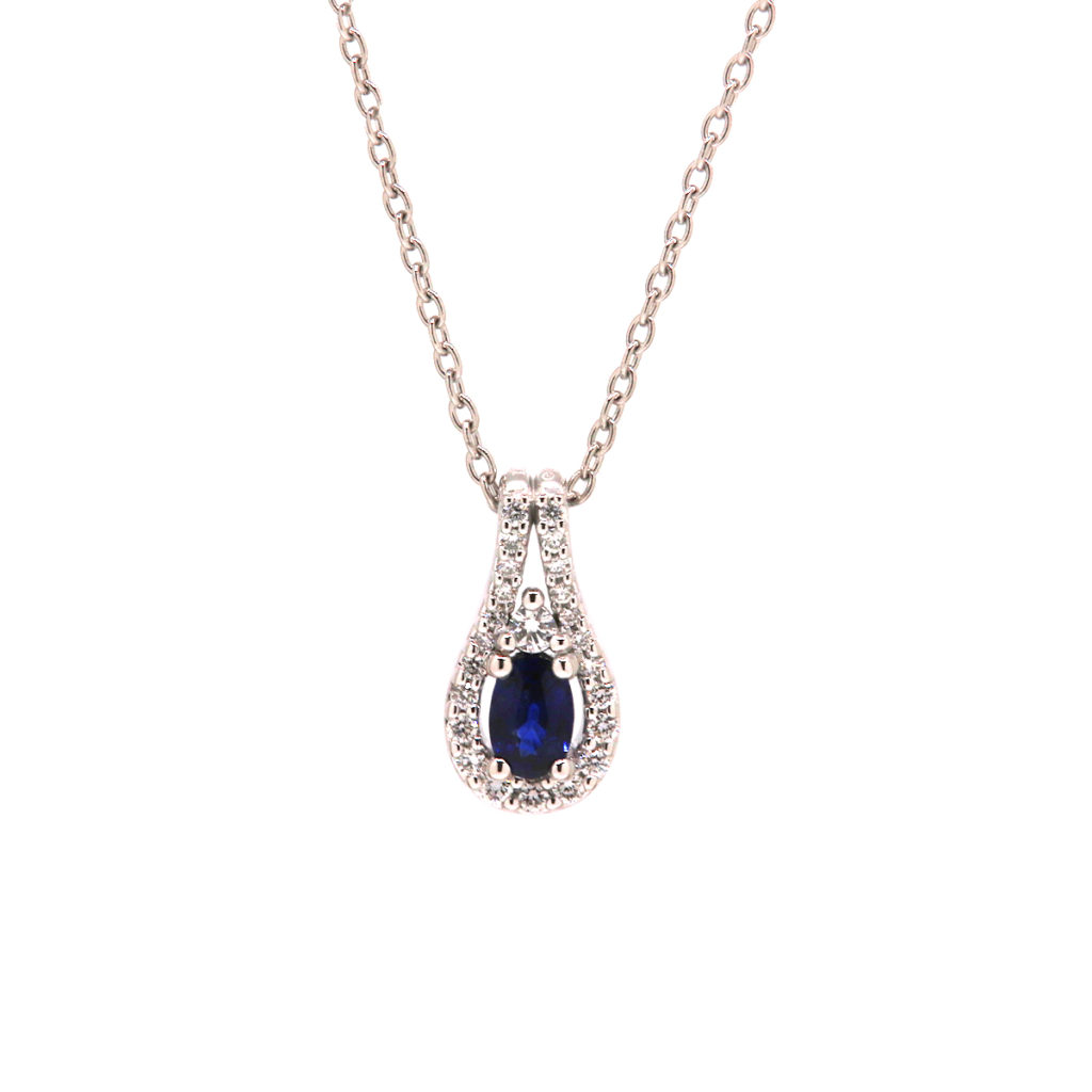 14K White Gold Oval Sapphire and Diamond Pendant with Chain