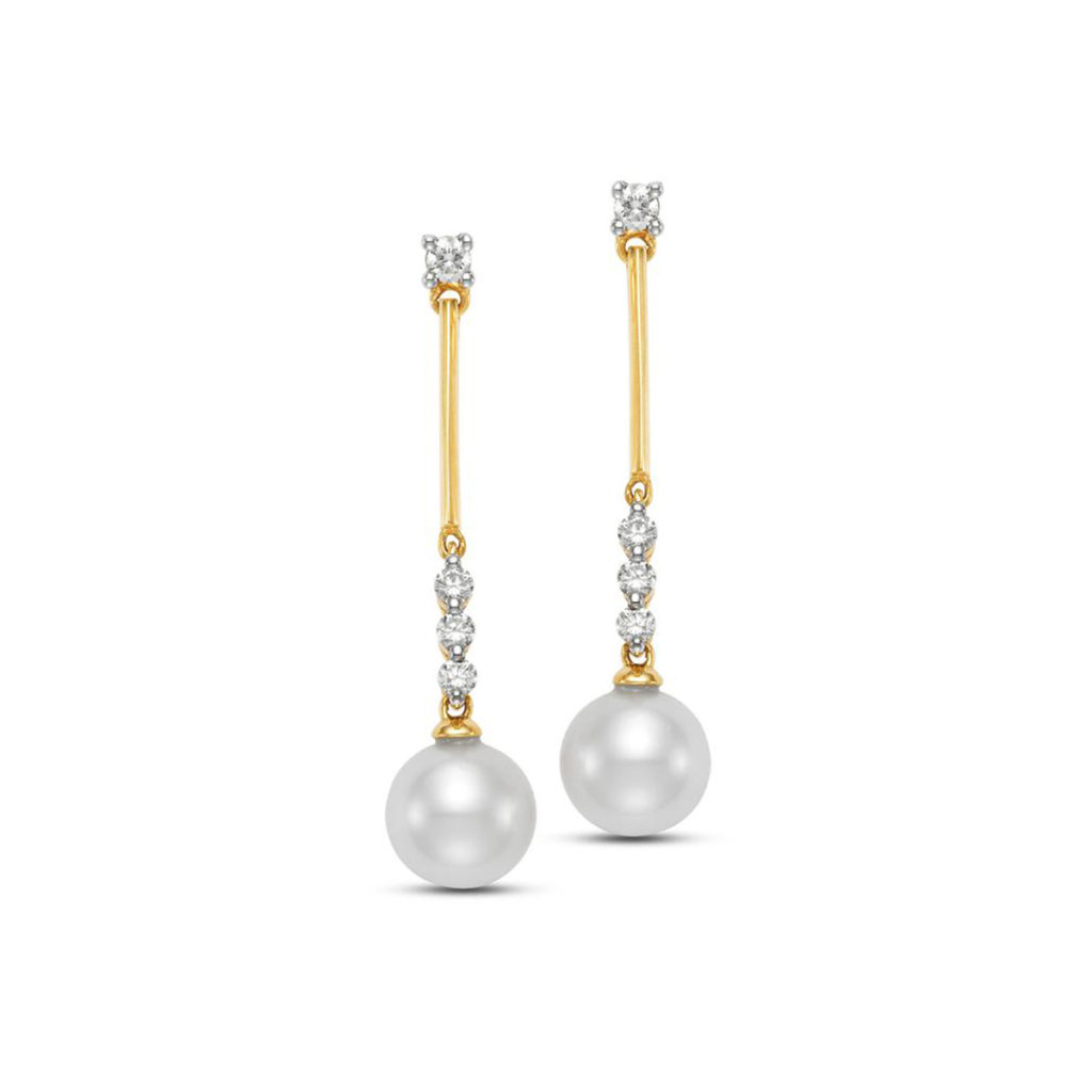 18K Yellow Gold Freshwater Pearl and Diamond Dangle Earrings