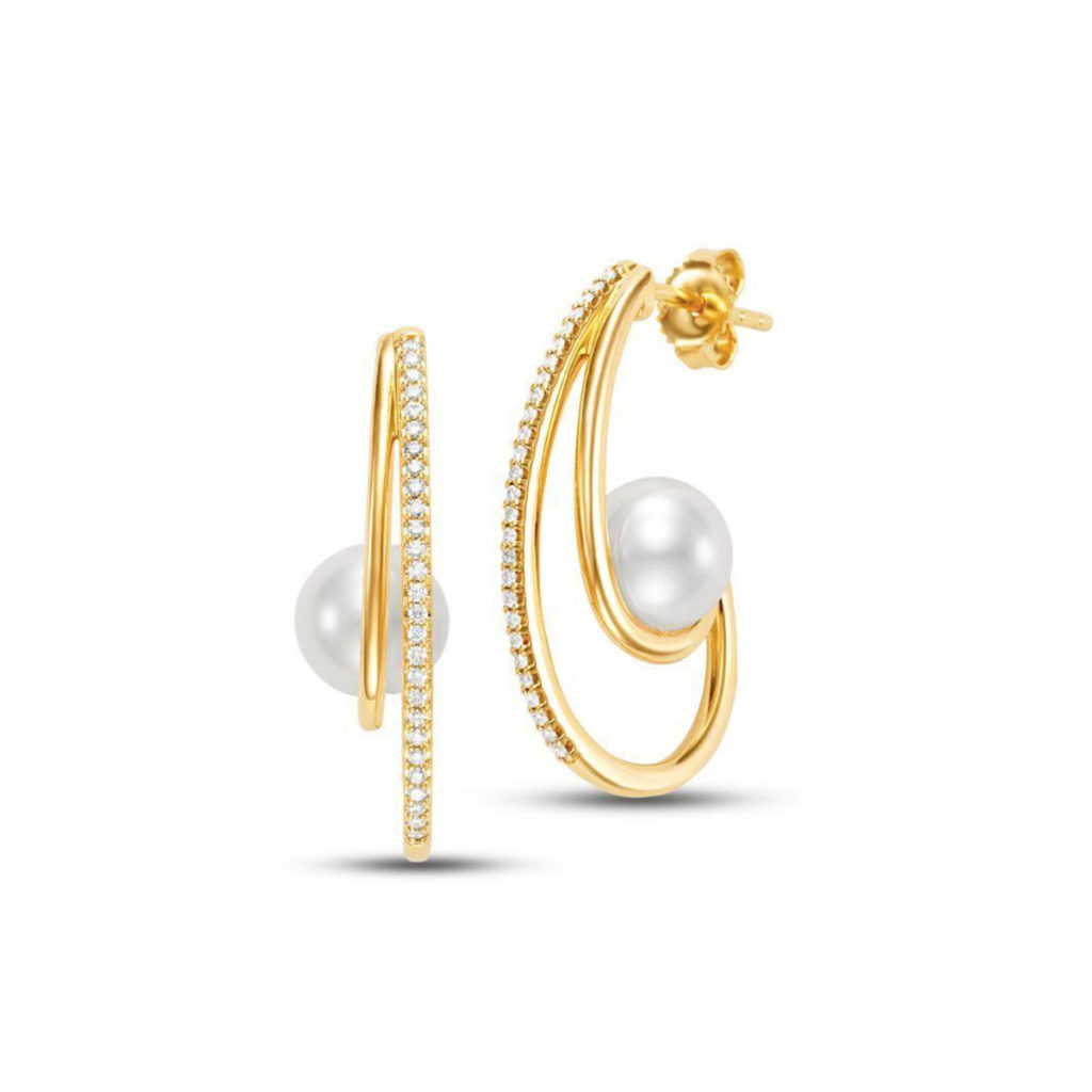14K Yellow Gold Diamond and Pearl Hoops