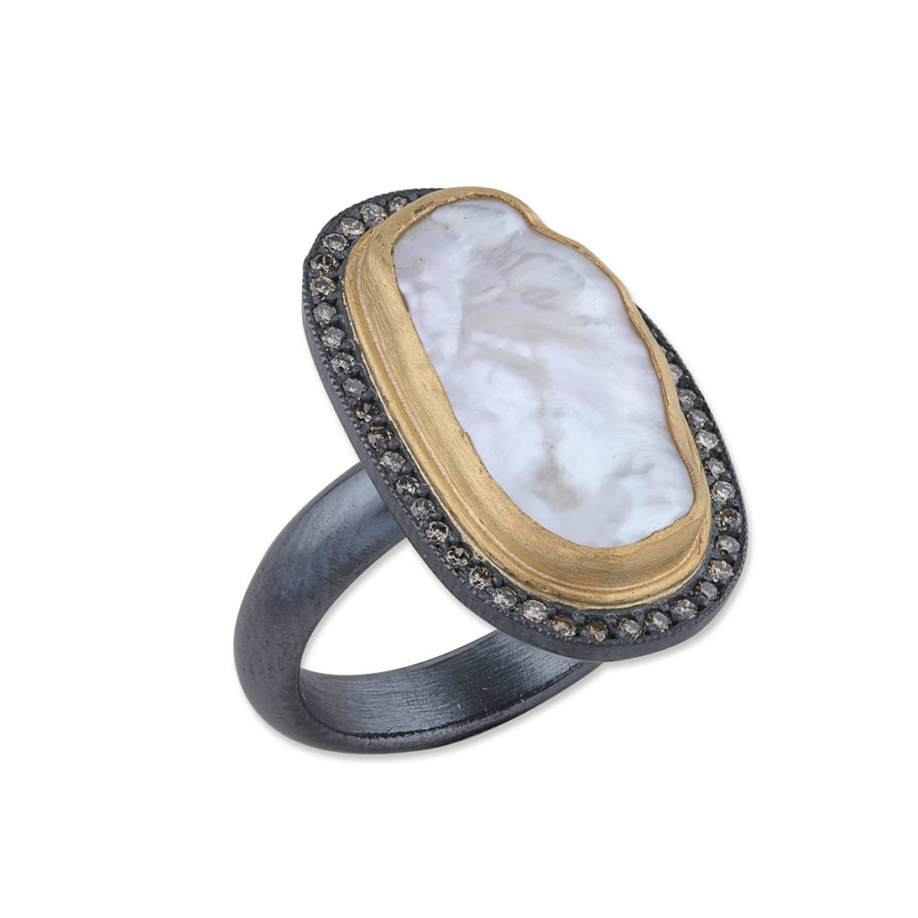 24K Yellow Gold and Oxidized Sterling Silver Pearlita Pearl Ring
