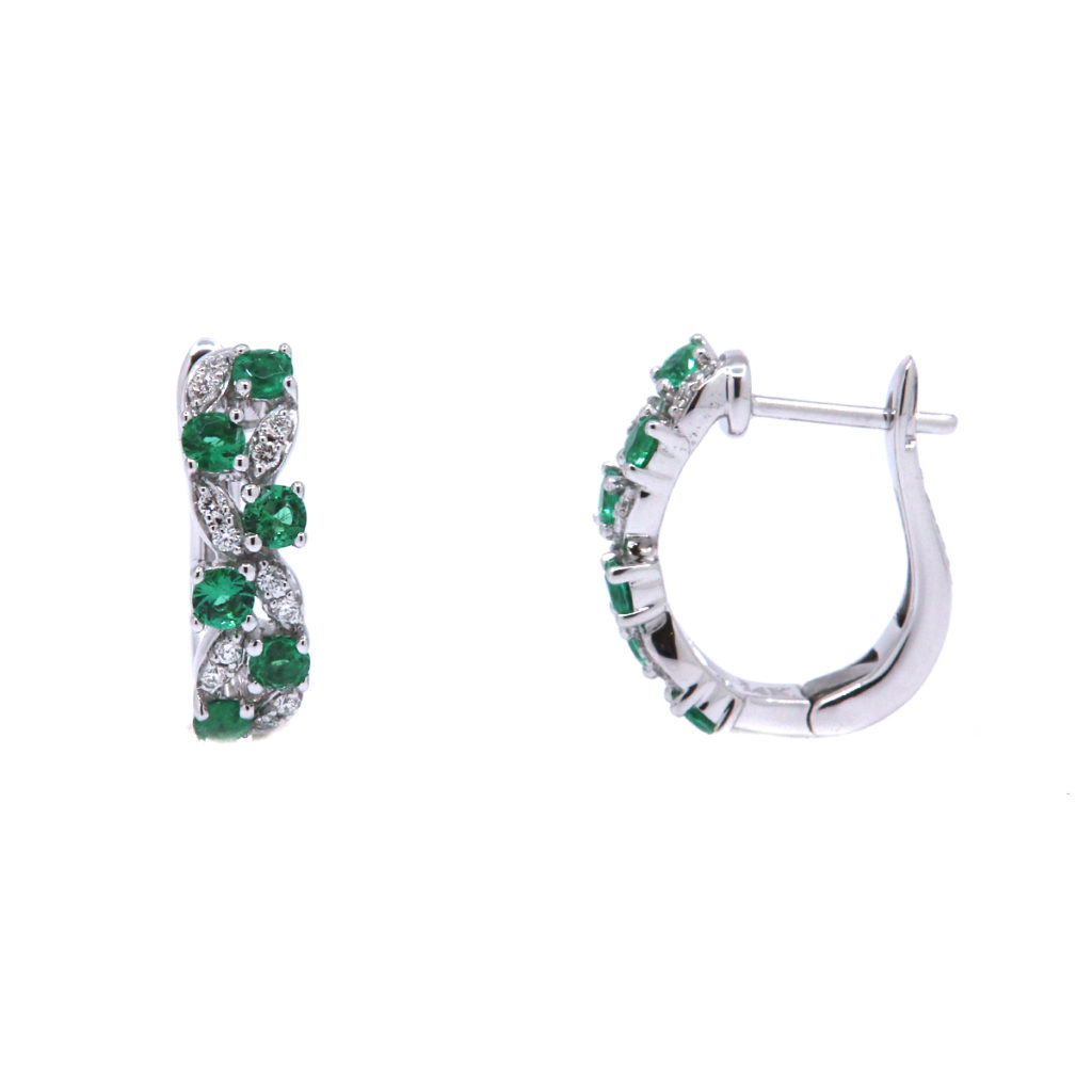 14K White Gold Emerald and Diamond Hoop Earrings