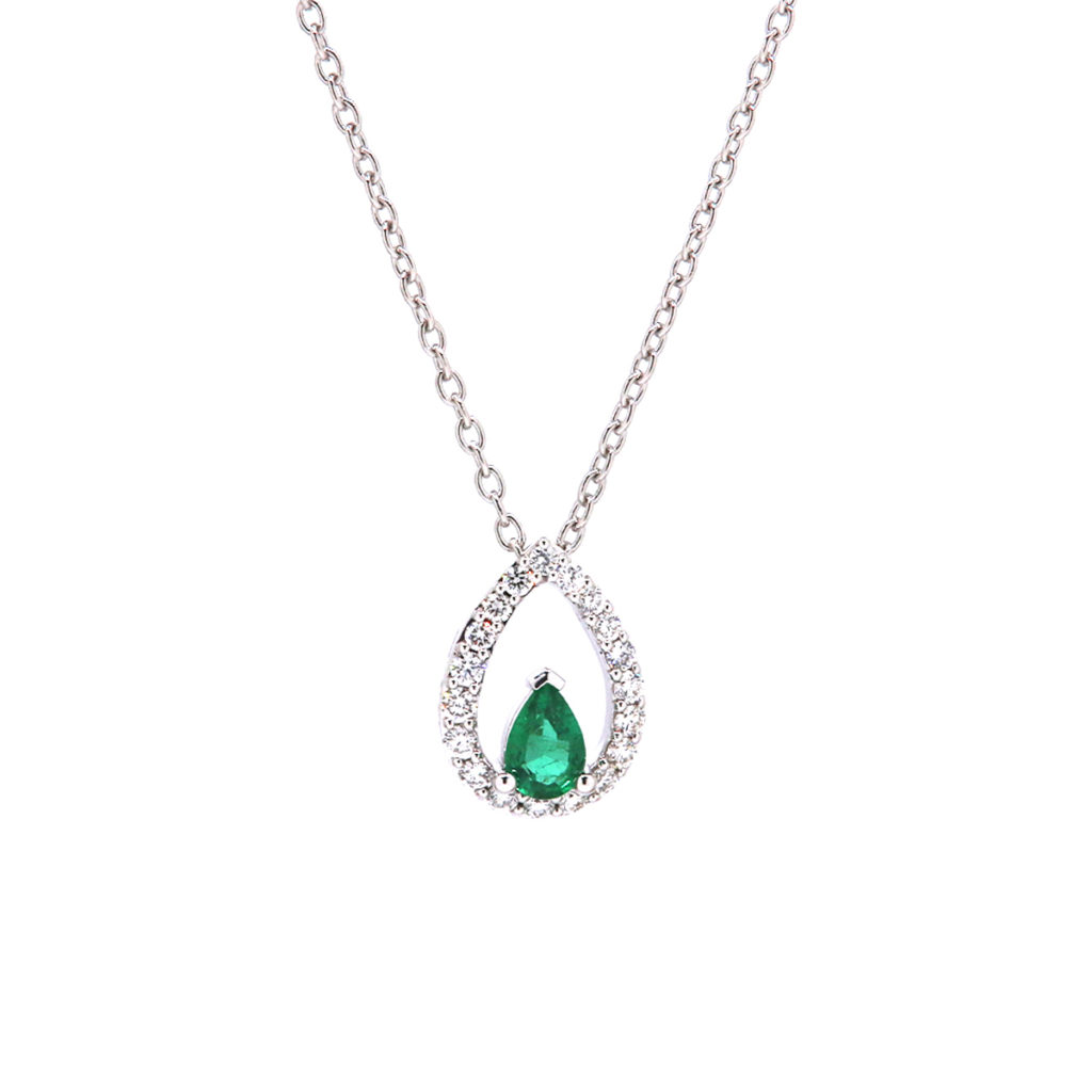 14K White Gold Pear Emerald and Diamond Necklace
