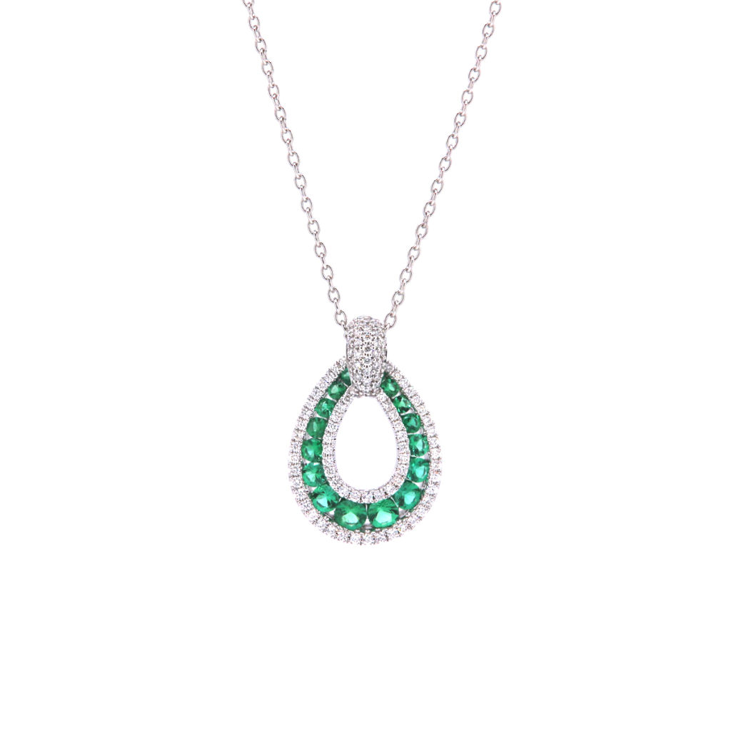 14K White Gold Emerald and Diamond Pendant with Chain