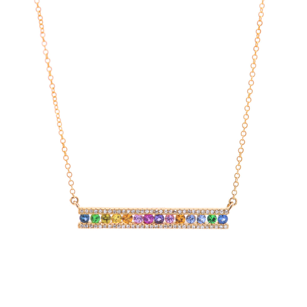14K Yellow Gold Sapphire, Tsavorite, and Diamond Bar Necklace