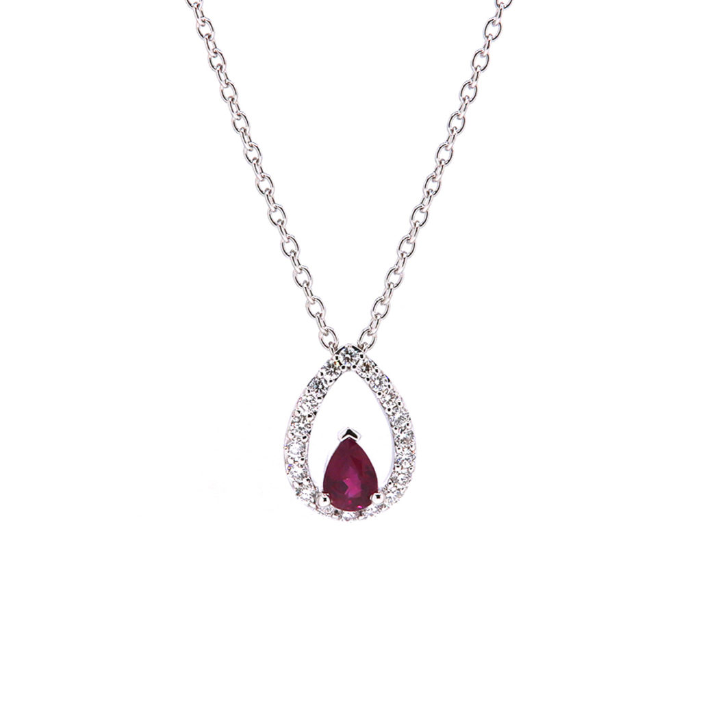 14K White Gold Pear Ruby and Diamond Necklace