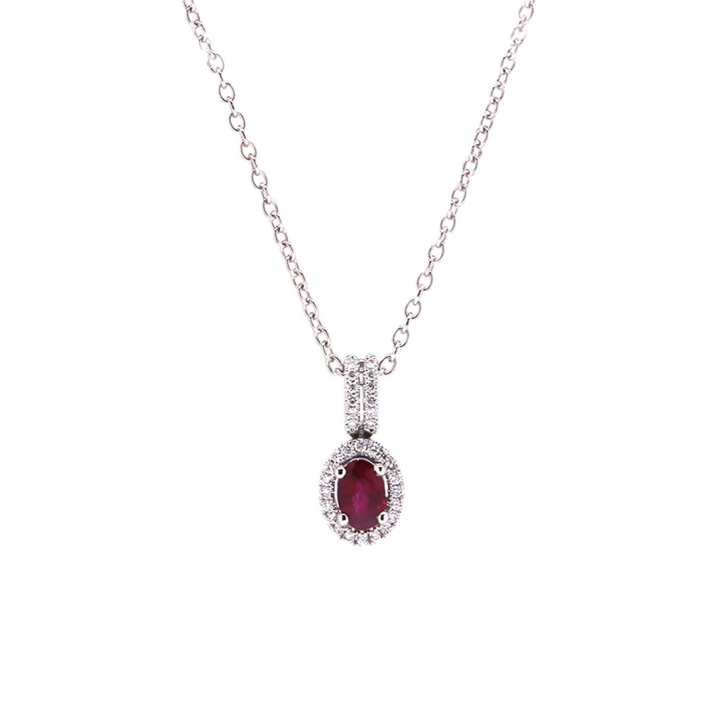 14K White Gold Ruby and Diamond Pendant with Chain