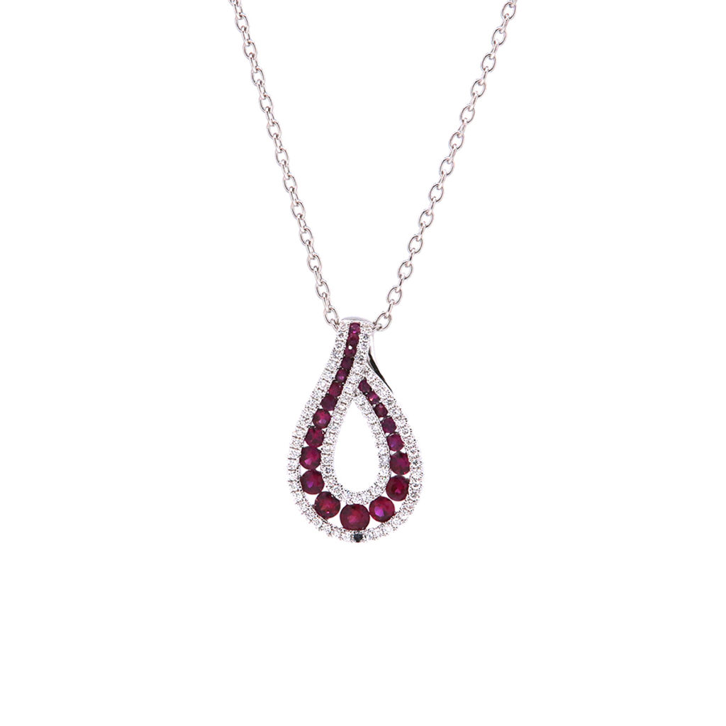 14K White Gold Pear-Shaped Ruby and Diamond Pendant with Chain