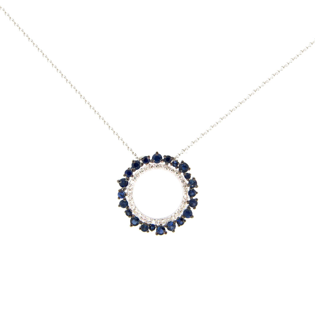 14K White Gold Round Sapphire and Diamond Pendant with Chain