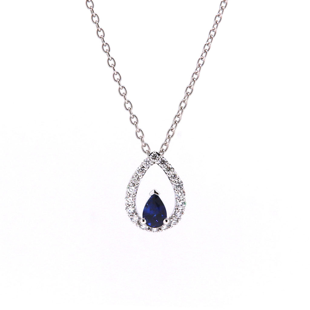 14K White Gold Pear Sapphire and Diamond Necklace