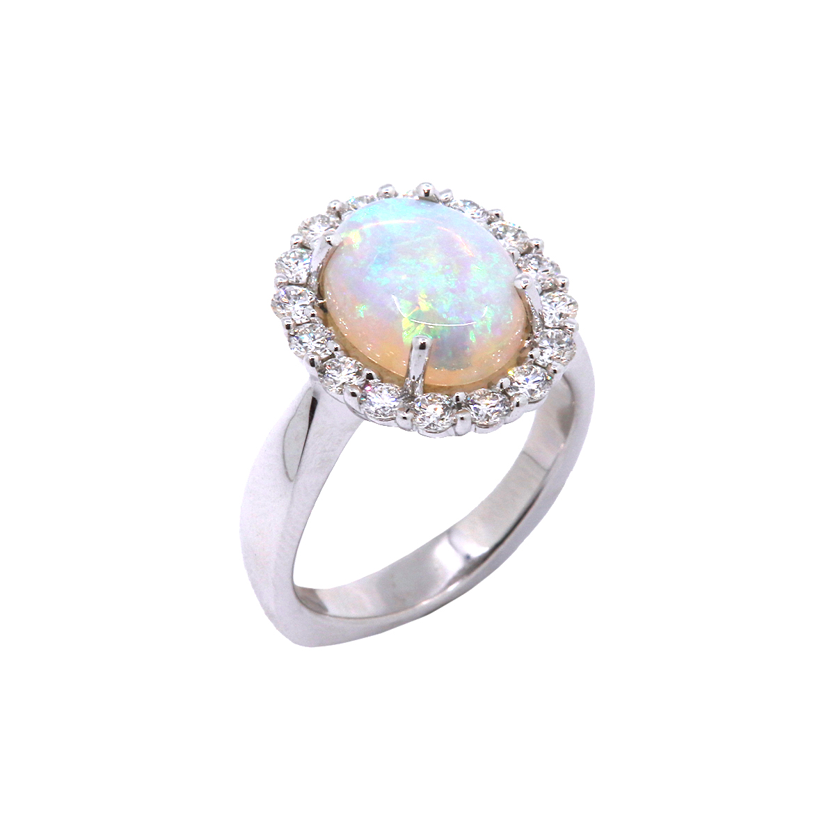 14K White Gold Oval Opal and Diamond Halo Ring