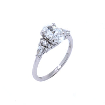 14K White Gold Oval and Side Diamond Engagement Ring