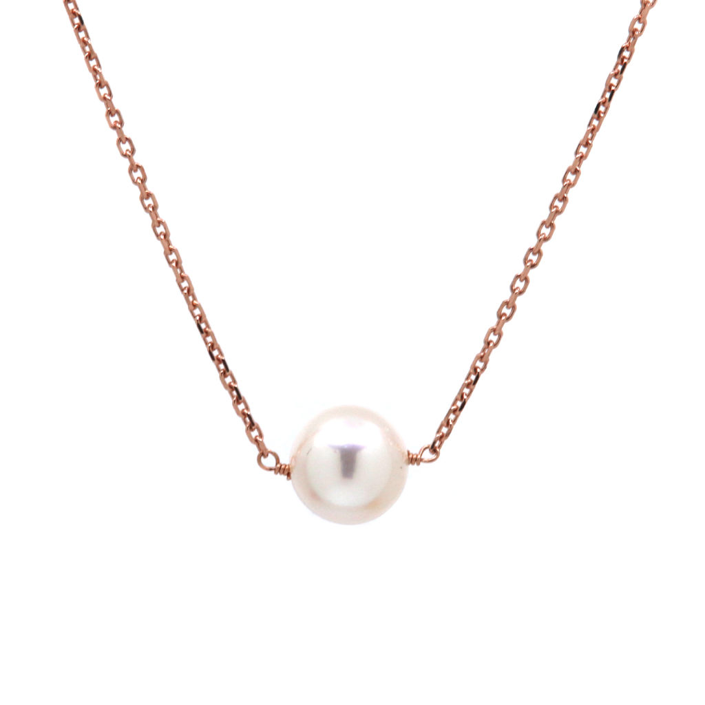14K Rose Gold White Akoya Pearl Solitaire Necklace