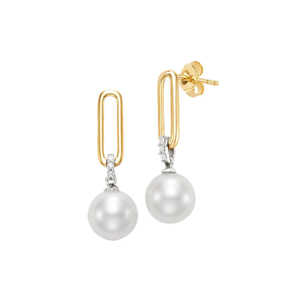 14K Two-Tone Freshwater Pearl and Diamond Earrings