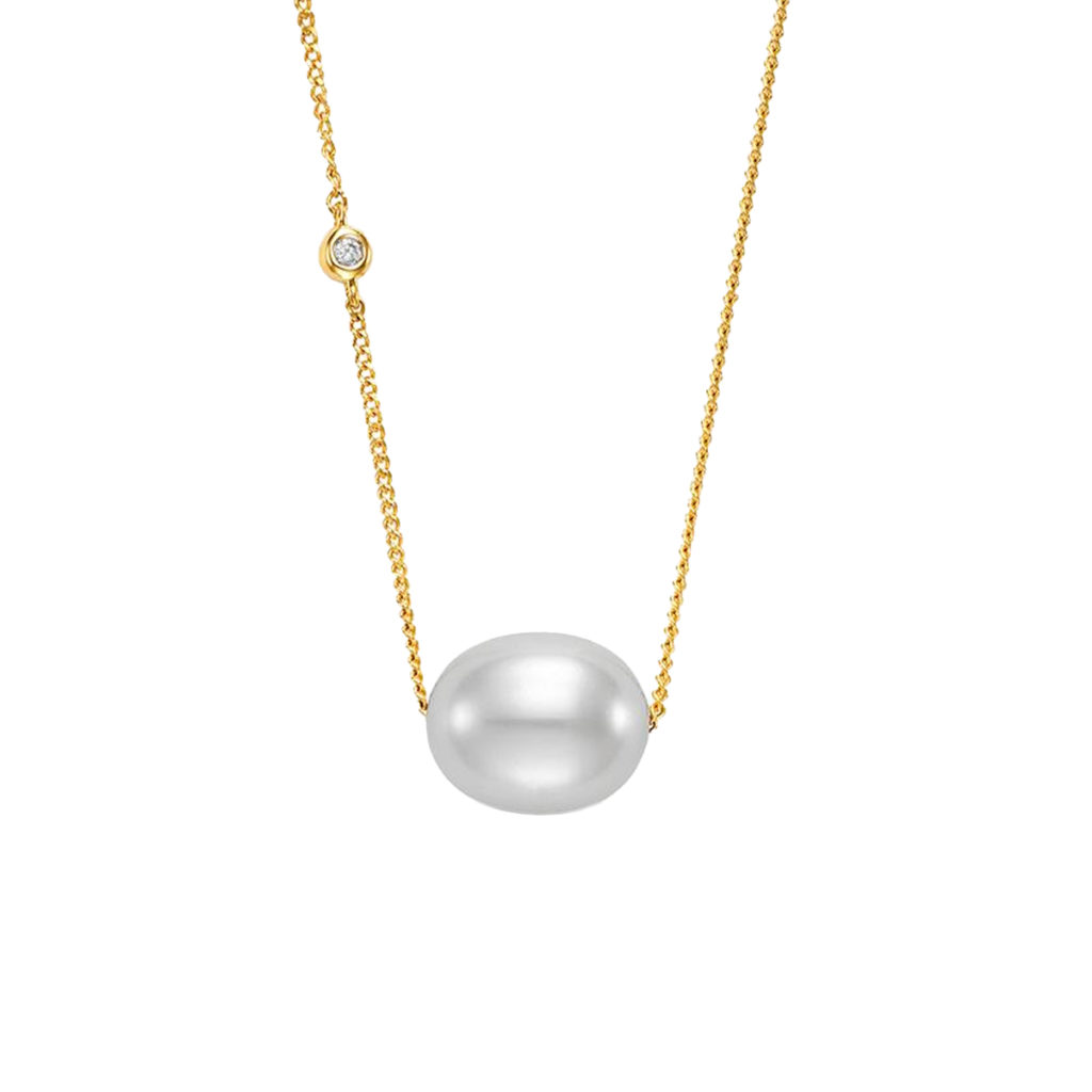 14K Yellow Gold Floating Freshwater Pearl and Diamond Necklace