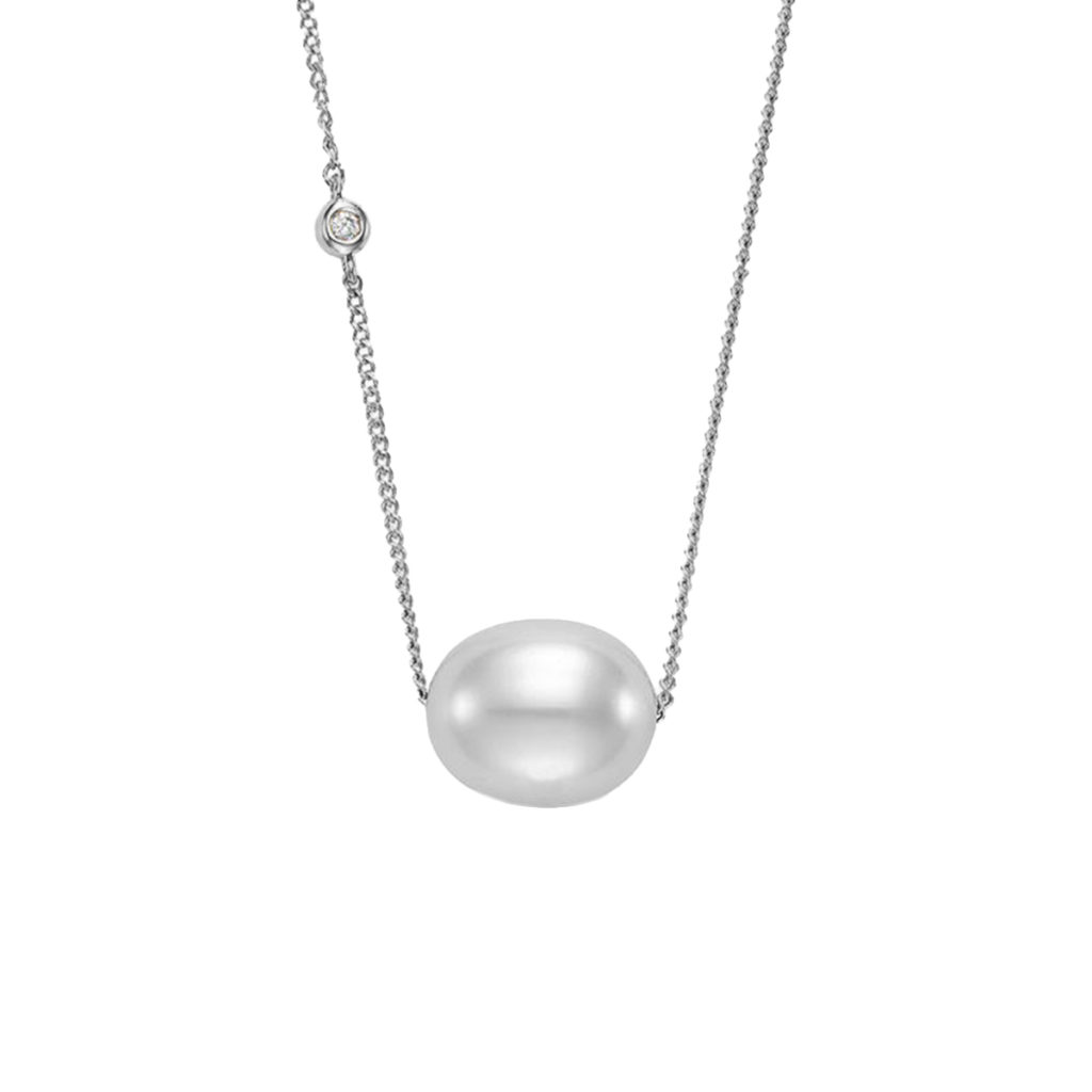 14K White Gold Floating Freshwater Pearl and Diamond Necklace