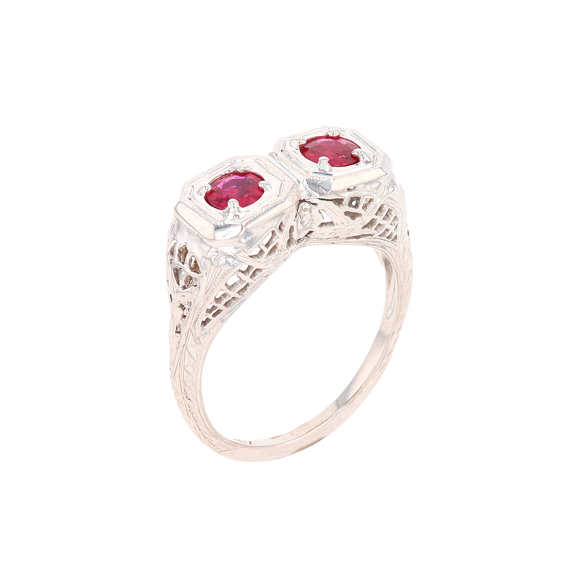 Estate 18K White Gold Double Ruby Ring
